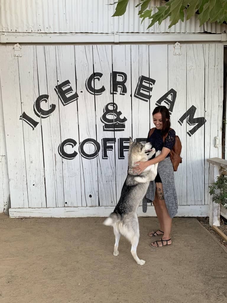 Ramey with a happy dog at an ice cream shop